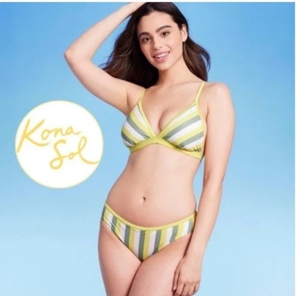 Kona Sol Medium Coverage Hipster Yellow & Green Stripped Bikini Medium | NWT
